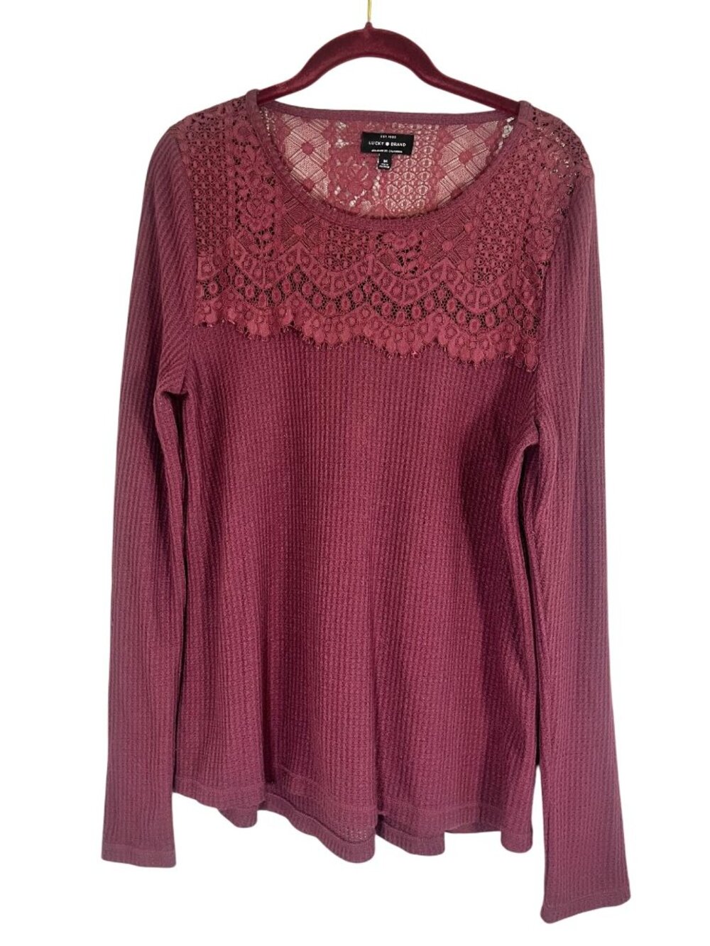 Neutral Floral Lace Waffle Knit Top M Boho Indie Festival Granola Earthy Chic